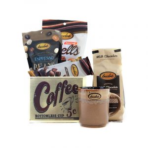 coffee themed gift box with chocolate products and a coffee mug