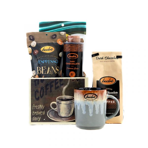coffee-themed gift box filled with chocolate products and coffee